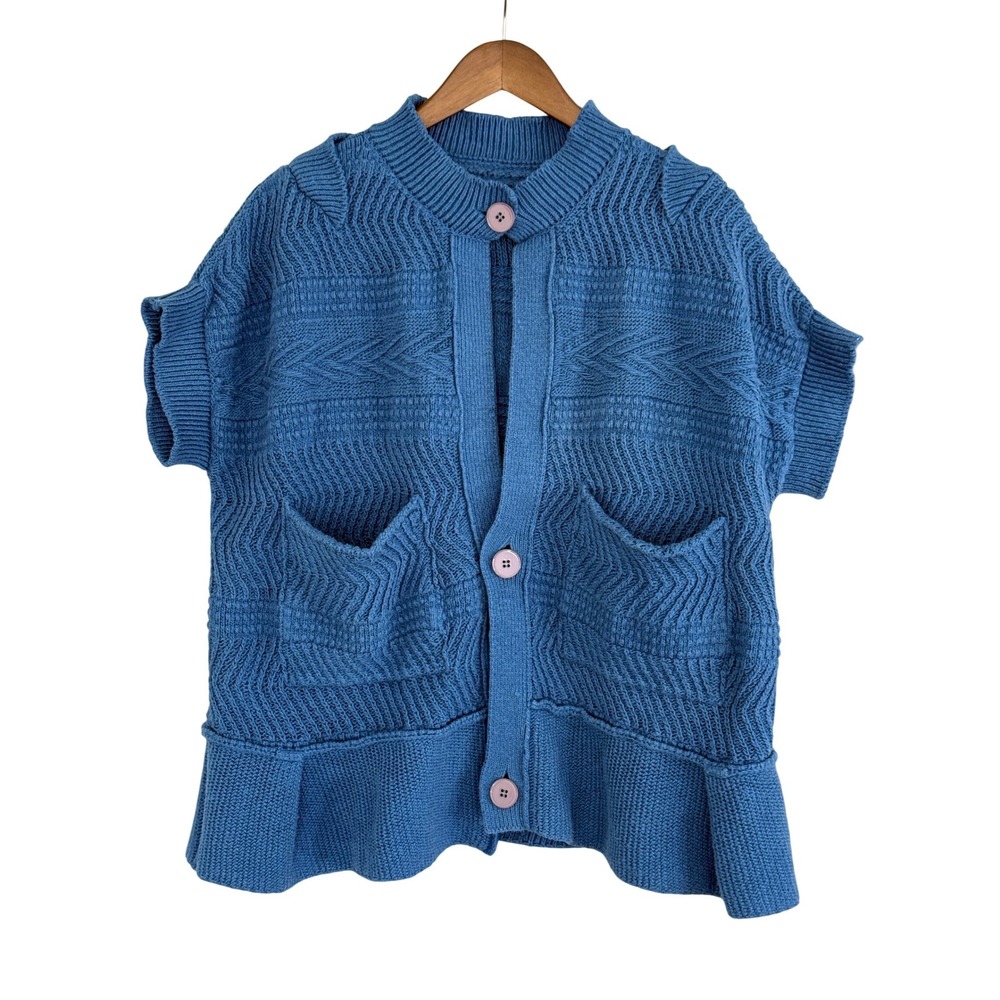 Vintage 1990s Stella McCartney Cerulean Blue Peplum Cardigan Short‎ Sleeve Sz 40